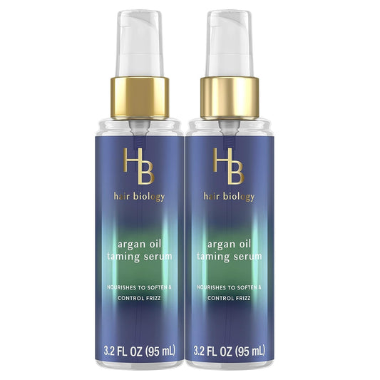 Hair Biology Argan Oil Taming Serum Twin Pack 3.2 Fl Oz Each — Hair Serum Nourishes to Soften & Control Frizz. Infused with Biotin — Dry Hair Treatment Safe for Color Treated Hair