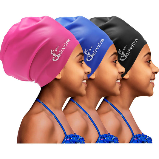 Ajoré Extra Large Kids Swim Cap 3 Pack — Waterproof Silicone Swimming Hat for Braids Dreadlocks Curly Hair