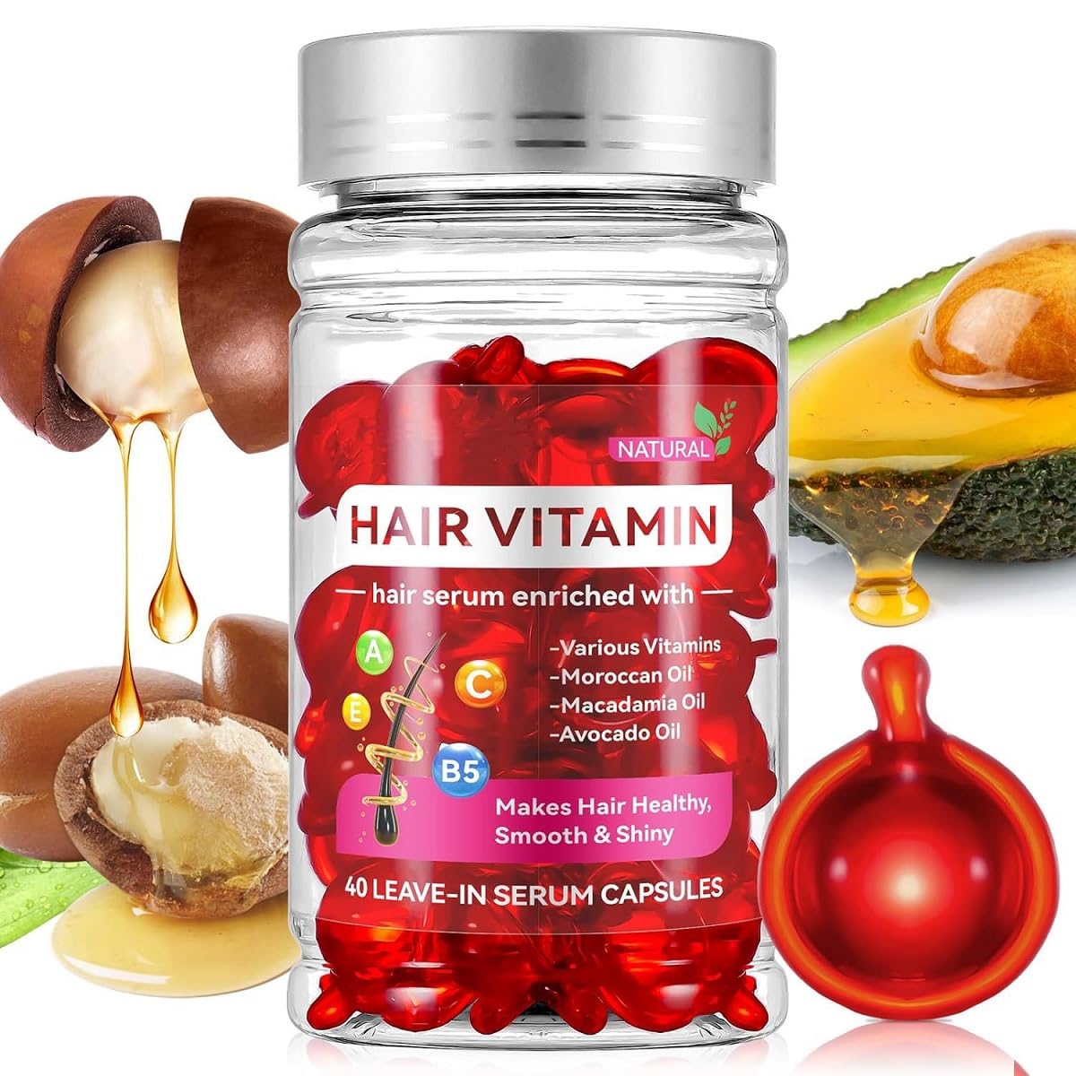 Ajoré No-Rinse Hair Vitamin Serum Capsules — Keratin Moroccan Oil Treatment for Dry Damaged Hair (40 Pcs)