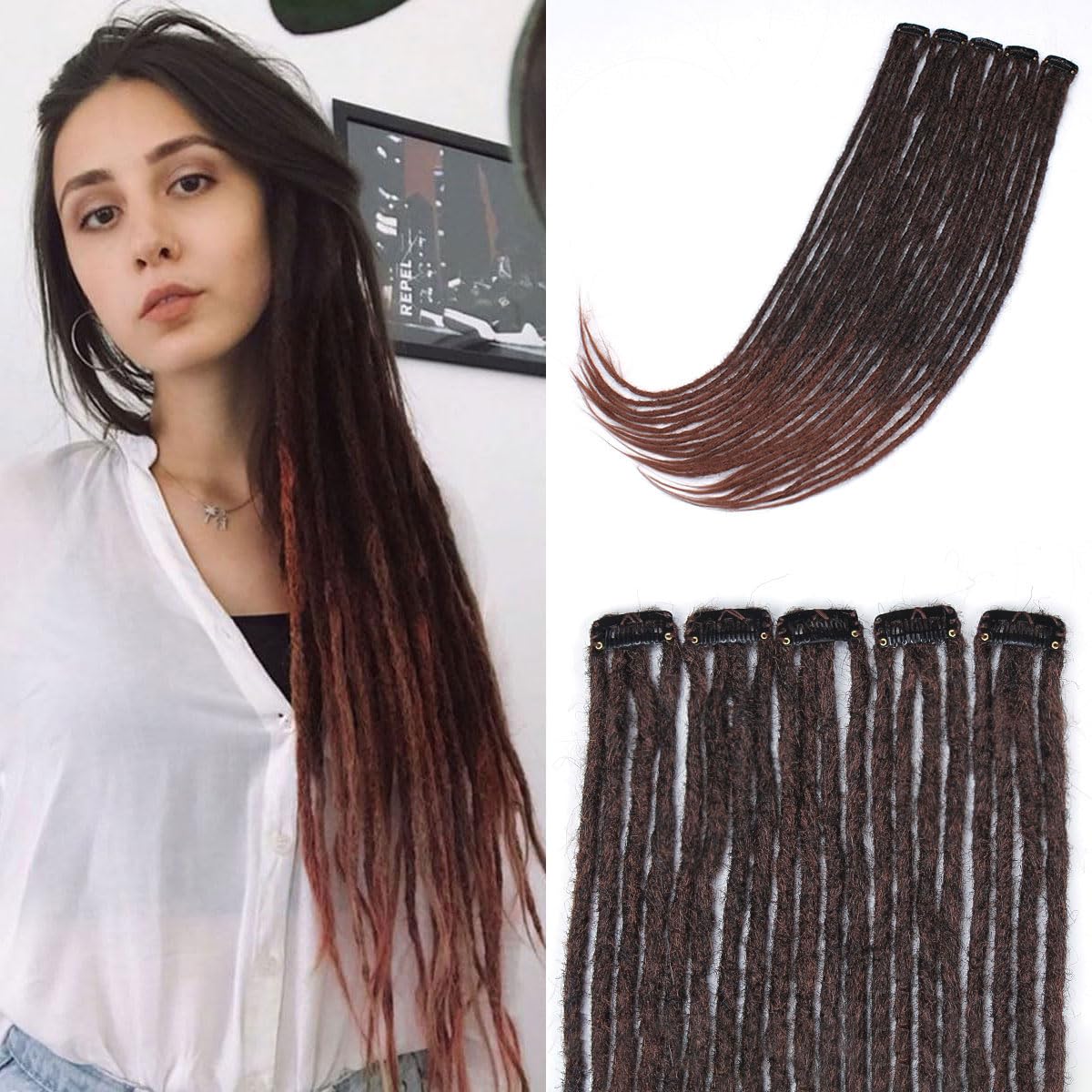Ajoré Clip-In Dreadlock Extensions Ombre Auburn — 24 Inch Synthetic Dreads for Women Easy Install