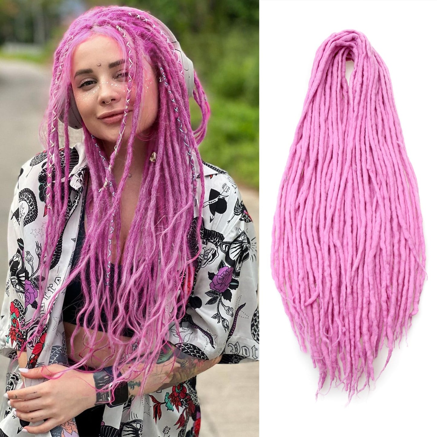Ajoré Purple Pink Wool Dreadlock Extensions — Double Ended Soft Lightweight Dreads for Women 20 Inch