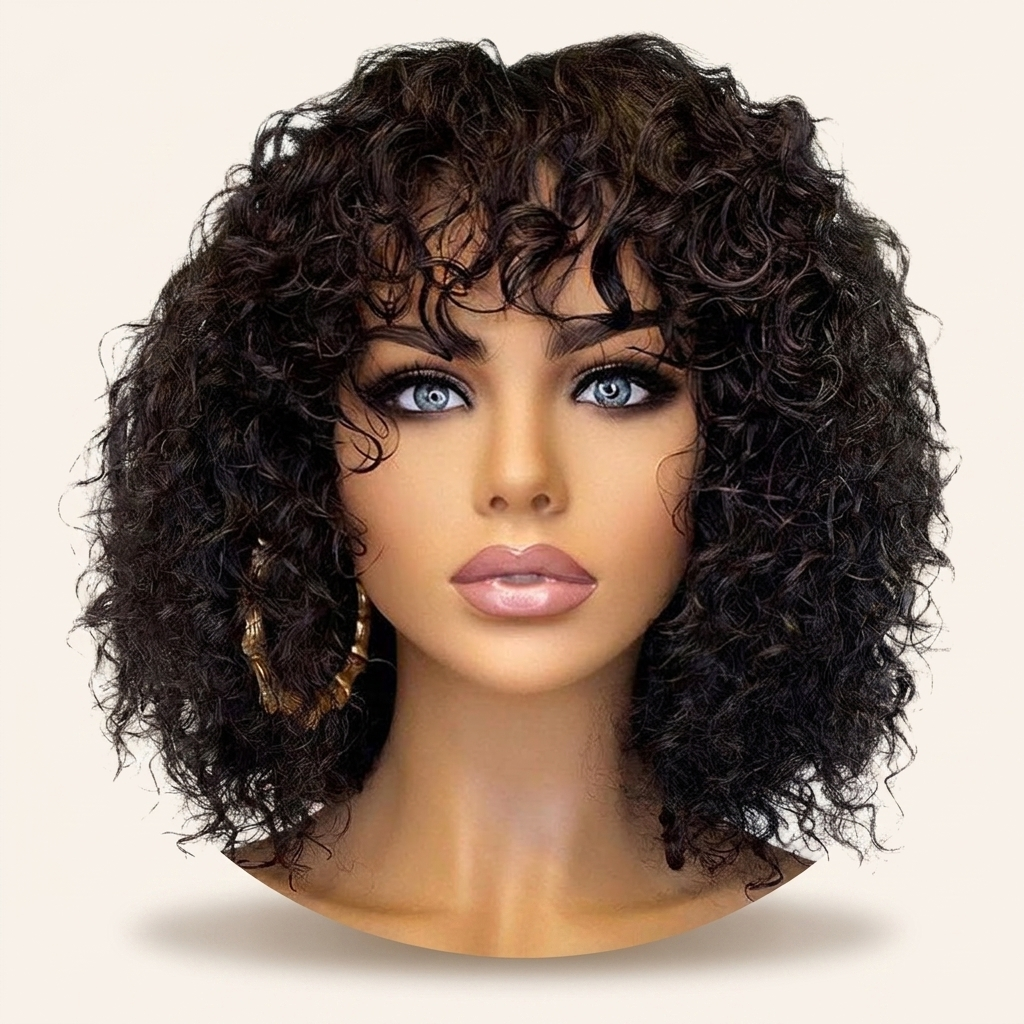 Ajoré Deep Curly Fringe Human Hair Wig with Bangs — Natural Black Full Head Wig 12 Inch