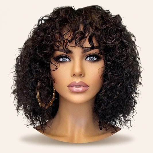Ajoré Deep Curly Fringe Human Hair Wig with Bangs — Natural Black Full Head Wig 12 Inch