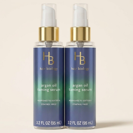 Hair Biology Argan Oil Taming Serum Twin Pack 3.2 Fl Oz Each — Hair Serum Nourishes to Soften & Control Frizz. Infused with Biotin — Dry Hair Treatment Safe for Color Treated Hair